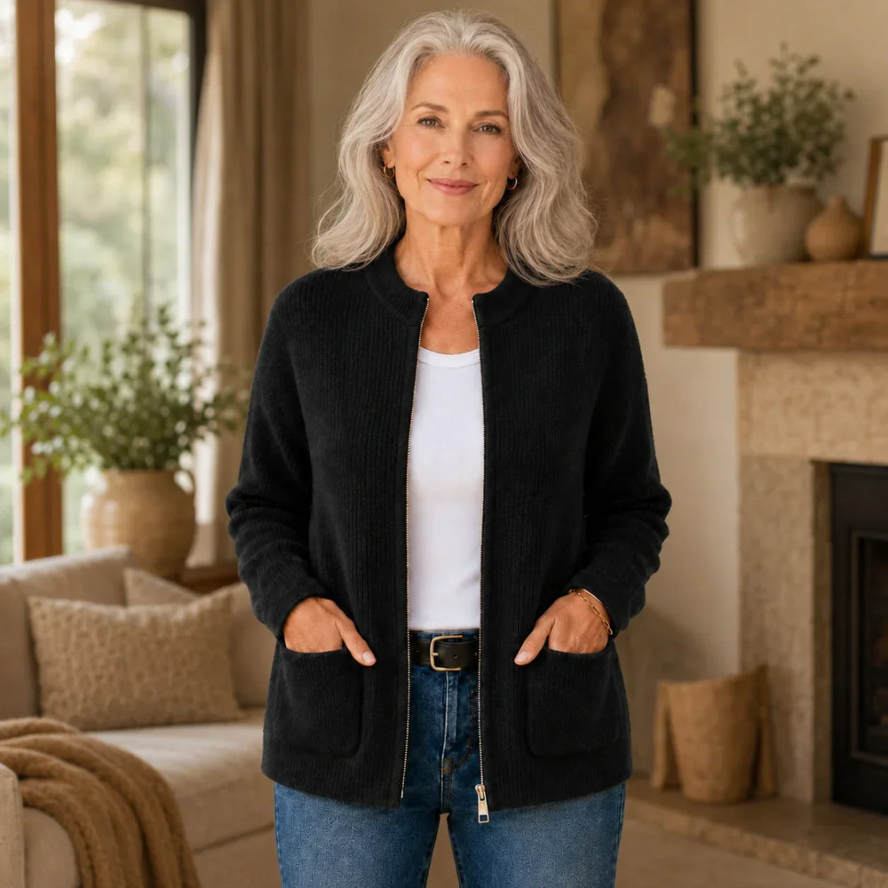 Sandra | Stylish Ribbed Knit Zip-Up Cardigan Sweater