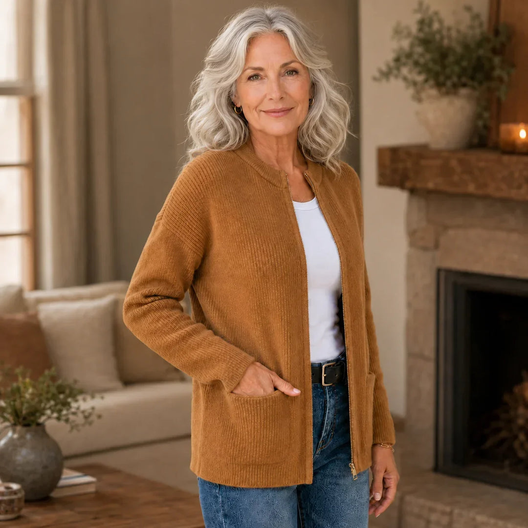 Sandra | Stylish Ribbed Knit Zip-Up Cardigan Sweater