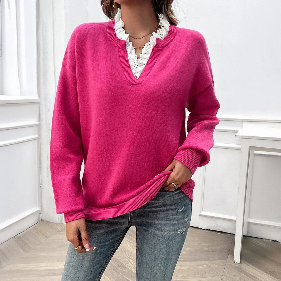 Sara | Effortless Lace-Trim V Neck Sweater