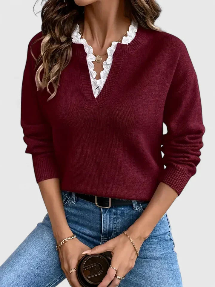 Sara | Effortless Lace-Trim V Neck Sweater