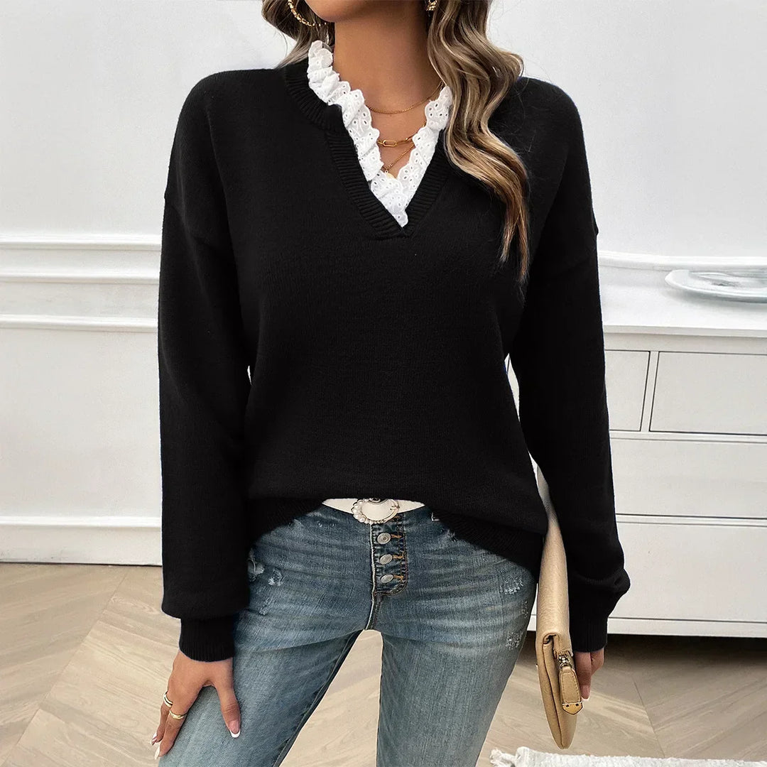 Sara | Effortless Lace-Trim V Neck Sweater