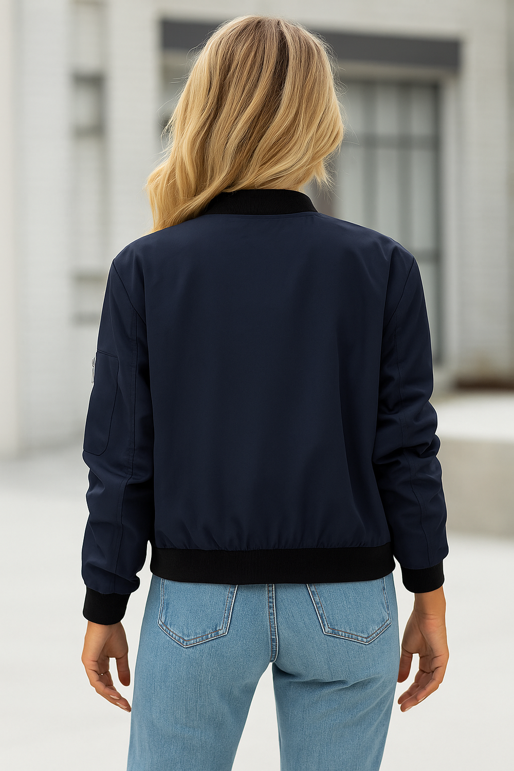 Sara | Refined Ribbed Collar Zip-Up Bomber Jacket