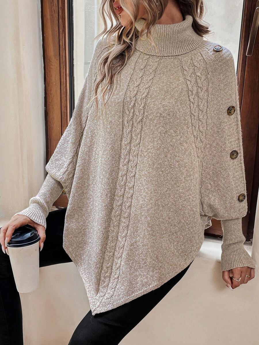 Sarah | Chic Cable Knit Poncho Turtleneck Sweater