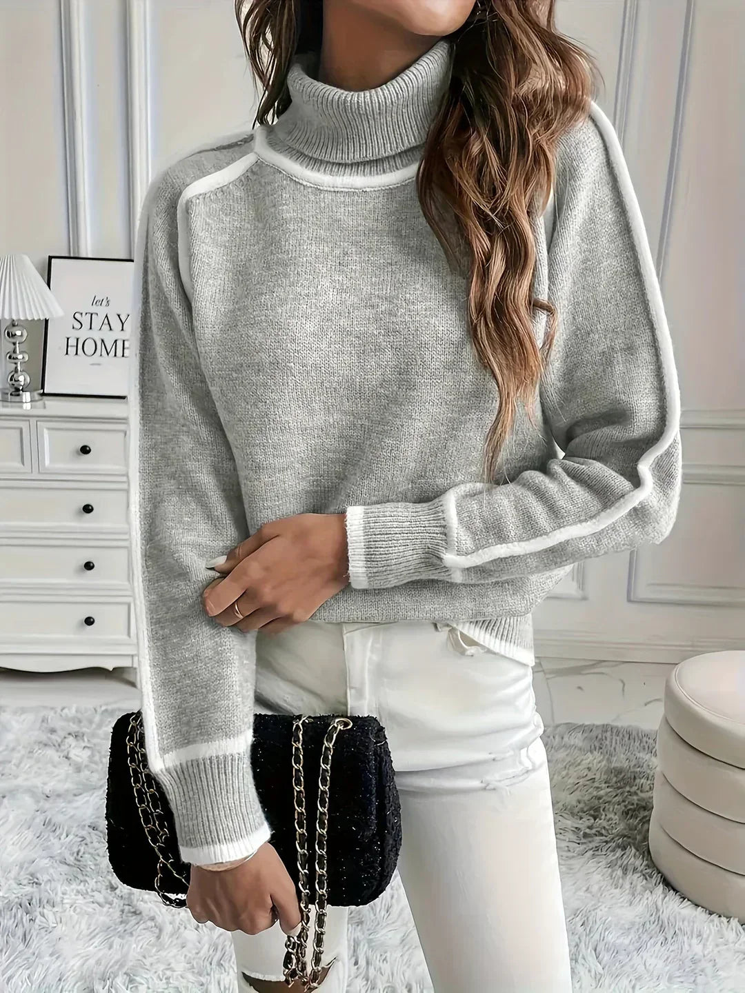 Sarah | Classic Contrast Trim Long Sleeve Turtleneck Sweater