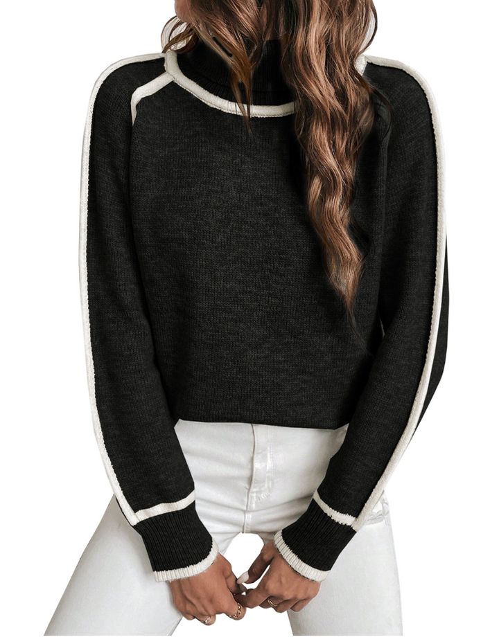 Sarah | Classic Contrast Trim Long Sleeve Turtleneck Sweater