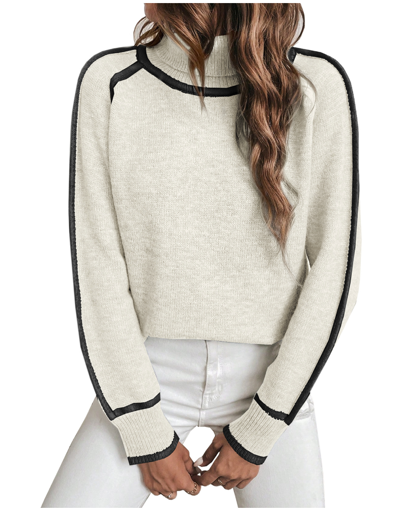 Sarah | Classic Contrast Trim Long Sleeve Turtleneck Sweater