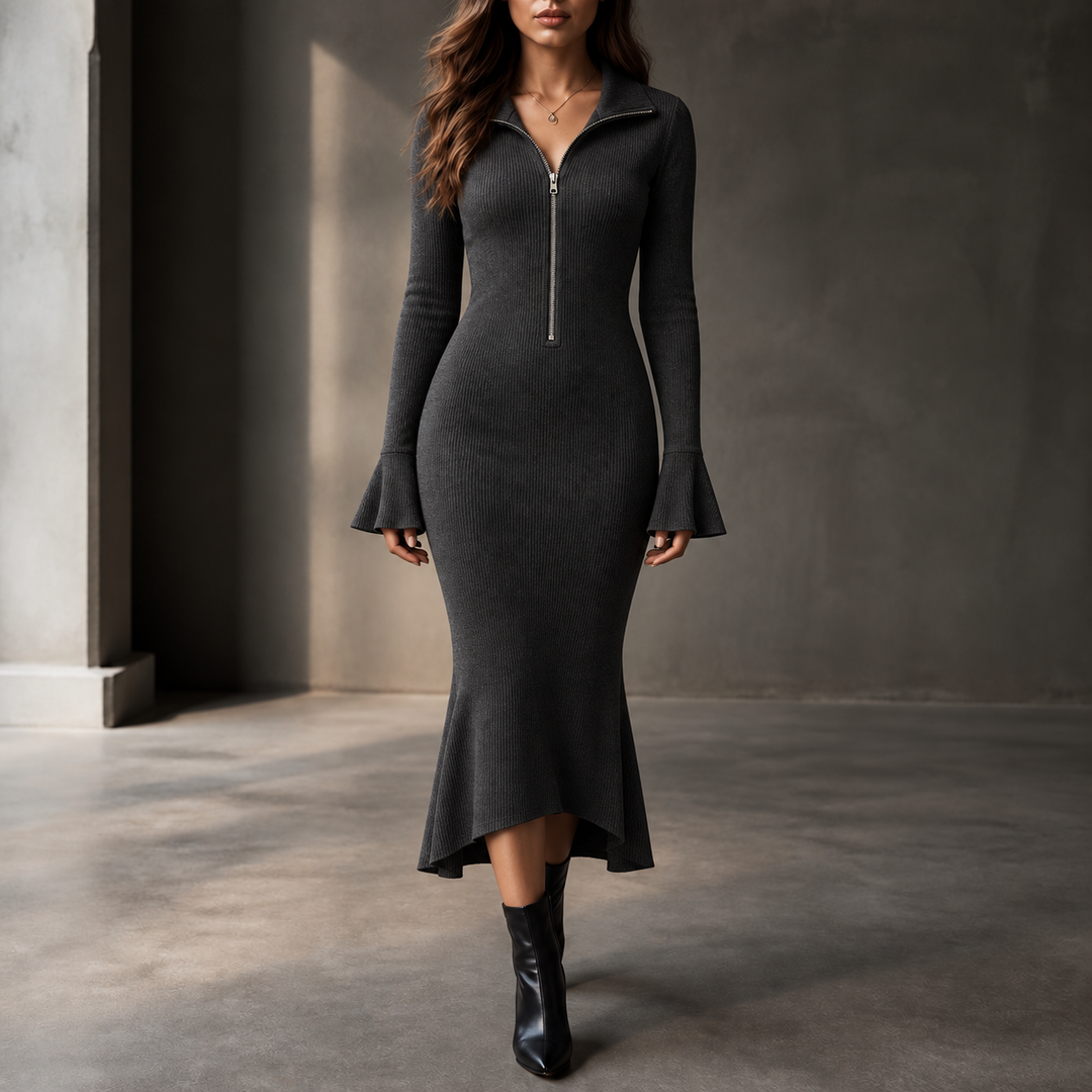 Sarah | Polished Ribbed Half-Zip Fishtail Midi Sweater Dress