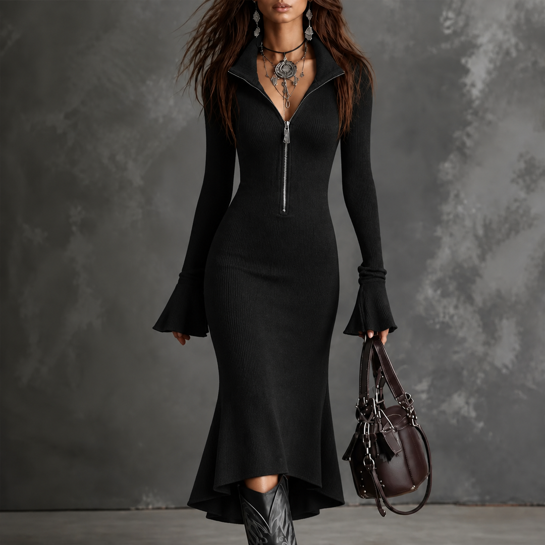 Sarah | Polished Ribbed Half-Zip Fishtail Midi Sweater Dress