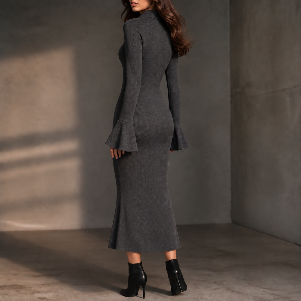 Sarah | Polished Ribbed Half-Zip Fishtail Midi Sweater Dress
