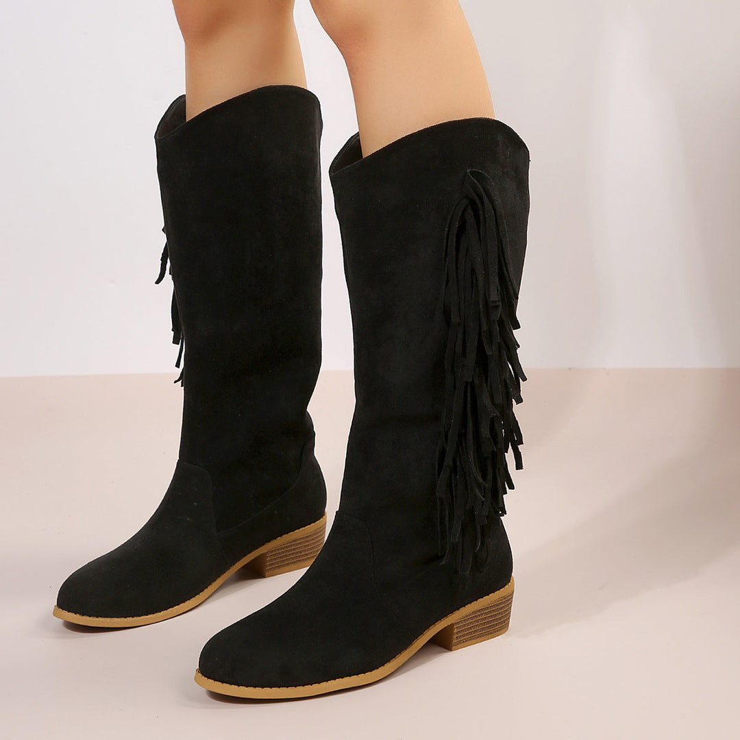 Sharon | Cozy Fringe Knee High Boots with Block Heel