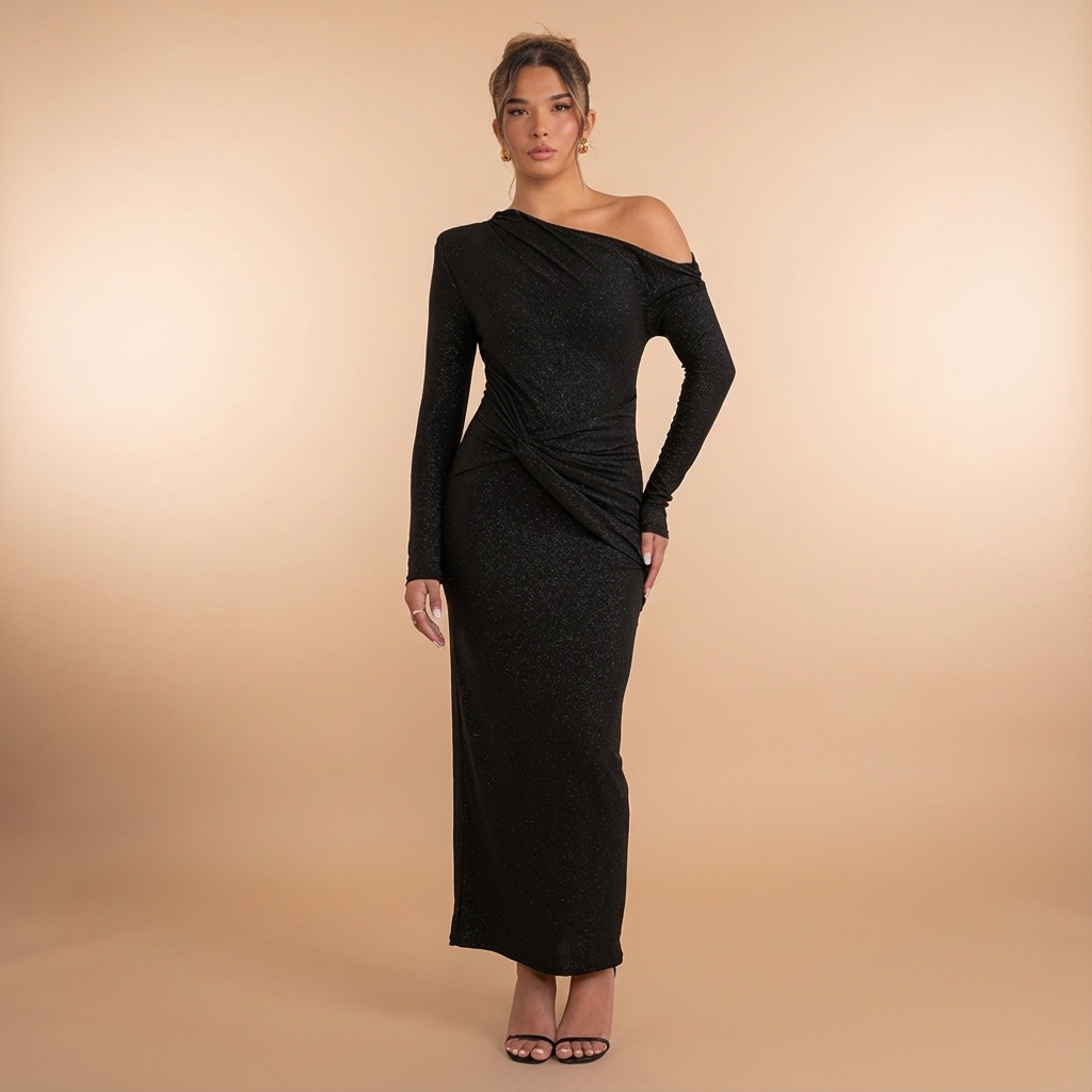 Sharon | Relaxed Off-Shoulder Fall Wedding Guest Sequin Maxi Dress