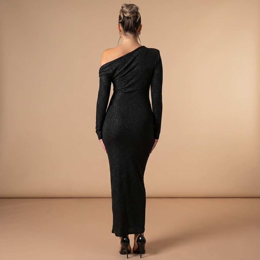 Sharon | Relaxed Off-Shoulder Fall Wedding Guest Sequin Maxi Dress