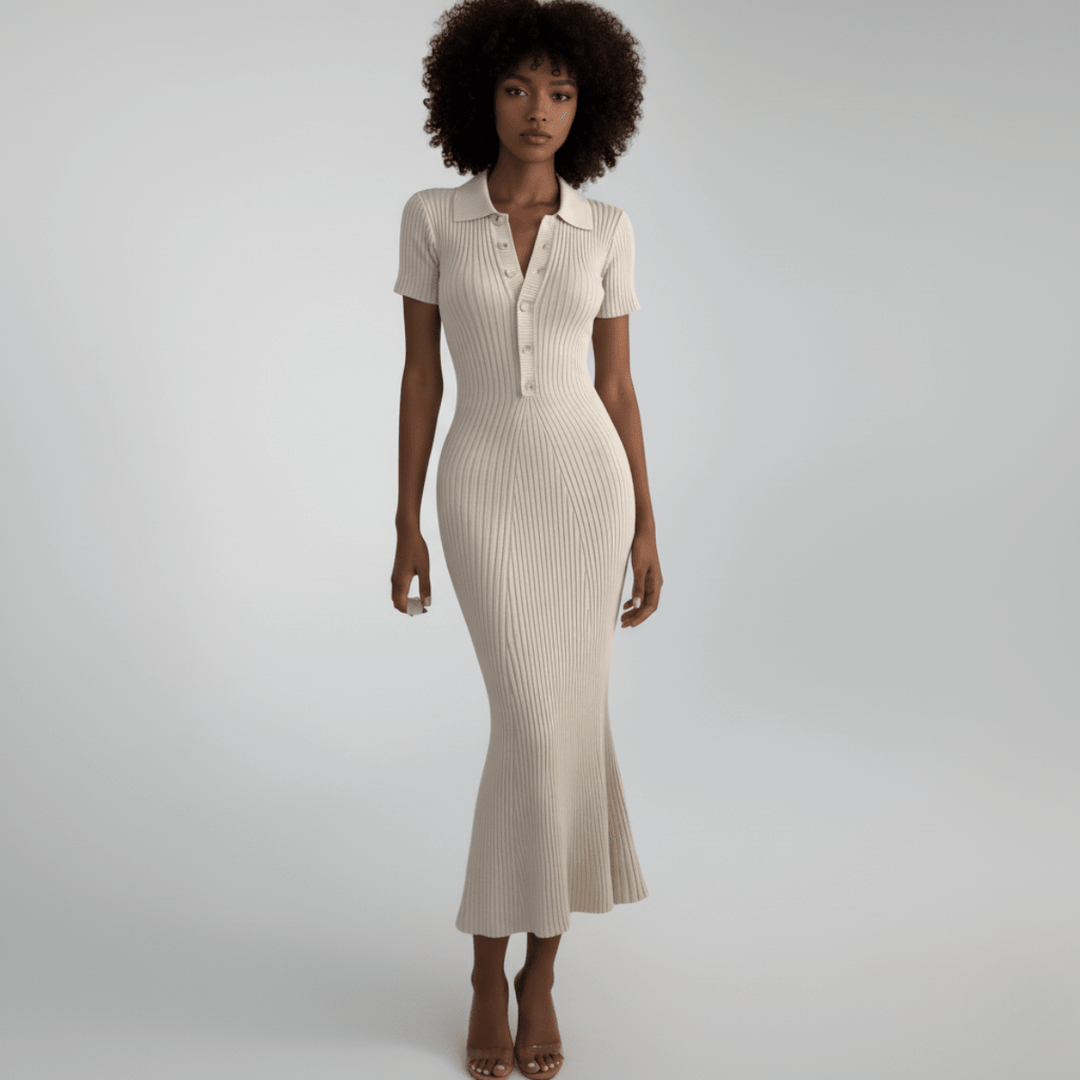 Shirley | Chic Ribbed Polo Midi Sweater Dress