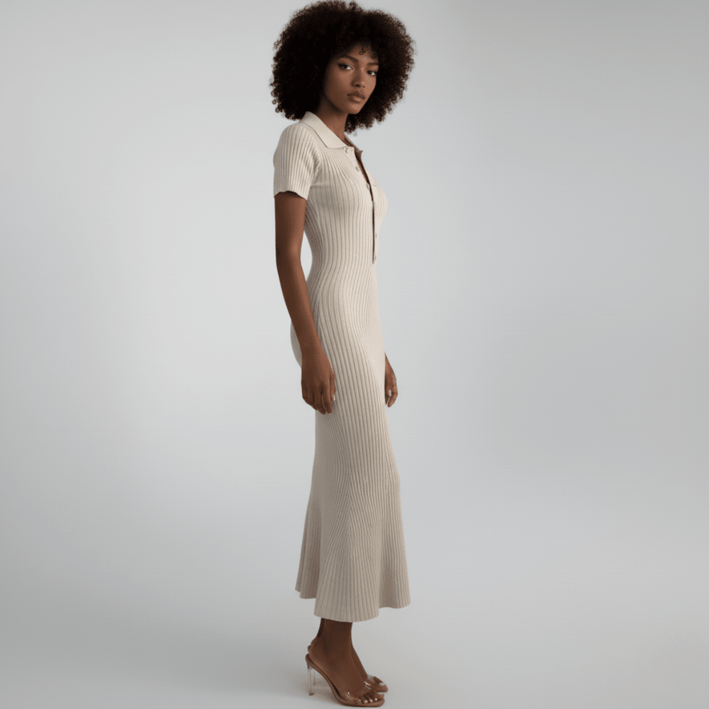Shirley | Chic Ribbed Polo Midi Sweater Dress