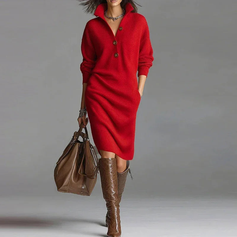 Shirley | Classic Button Collar Knit Sweater Dress