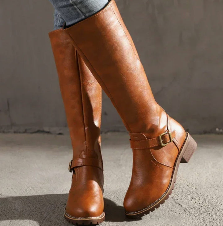 Shirley | Cozy Knee High Block Heel Buckle Boots