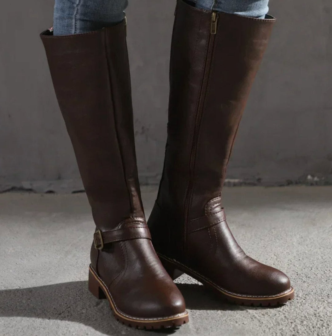 Shirley | Cozy Knee High Block Heel Buckle Boots