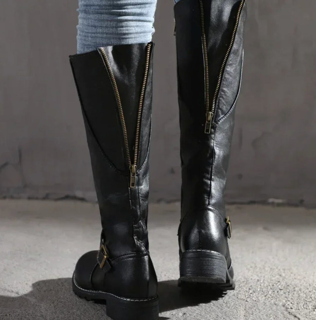Shirley | Cozy Knee High Block Heel Buckle Boots