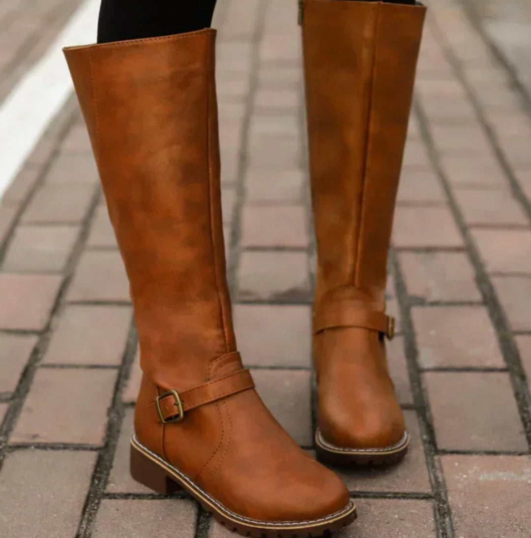 Shirley | Cozy Knee High Block Heel Buckle Boots