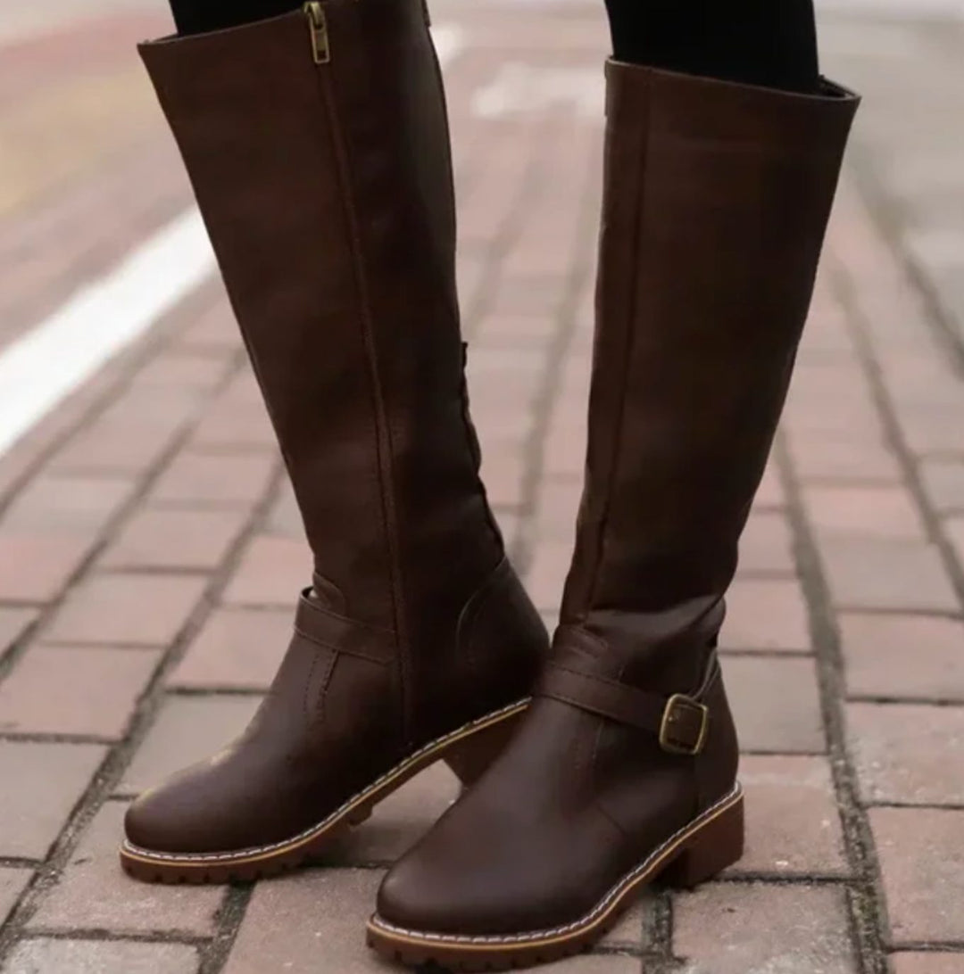 Shirley | Cozy Knee High Block Heel Buckle Boots