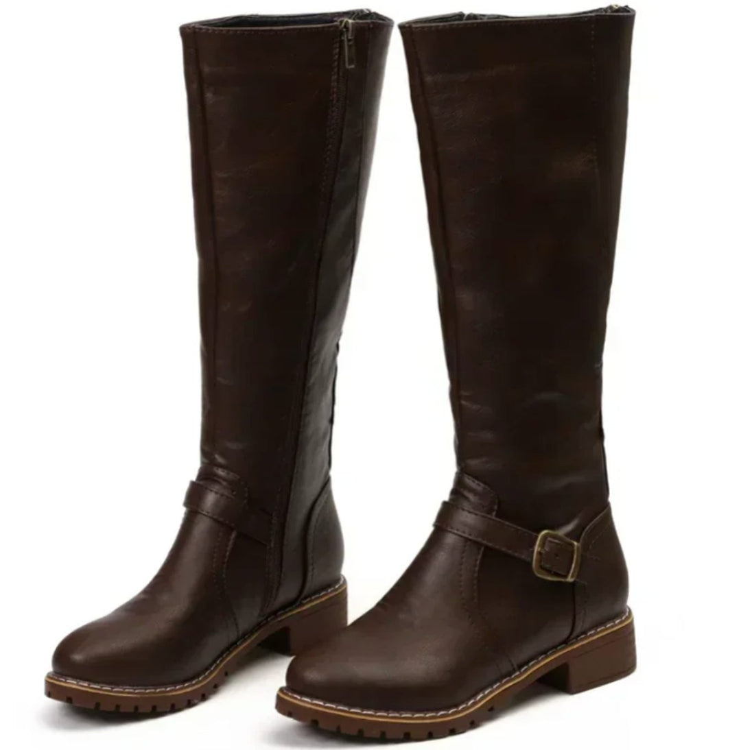 Shirley | Cozy Knee High Block Heel Buckle Boots