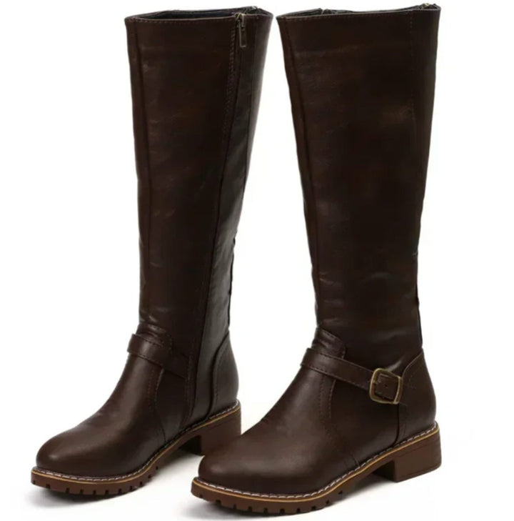 Shirley | Cozy Knee High Block Heel Buckle Boots