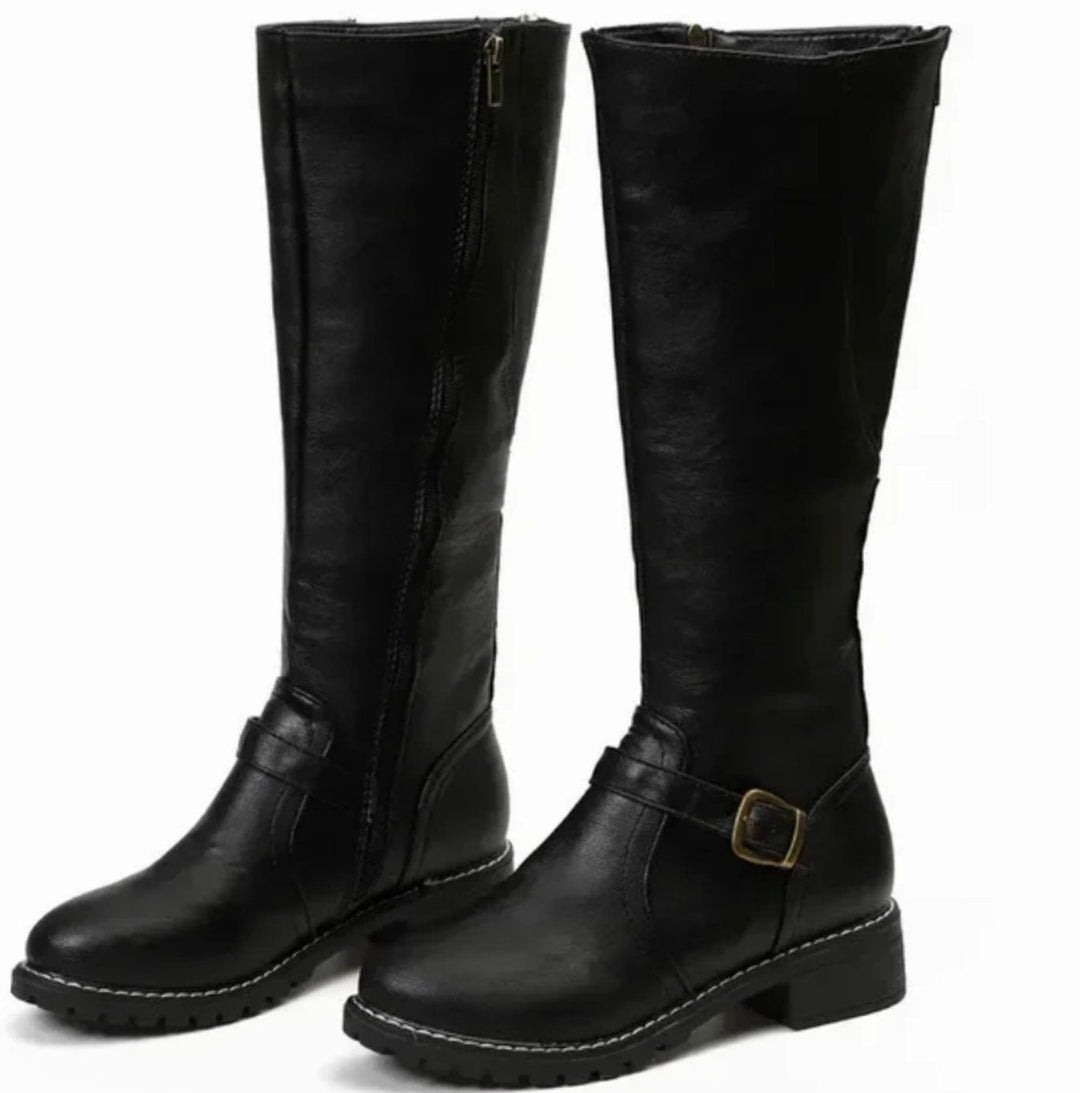 Shirley | Cozy Knee High Block Heel Buckle Boots