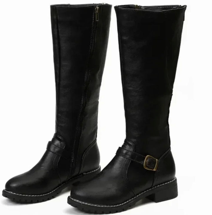 Shirley | Cozy Knee High Block Heel Buckle Boots
