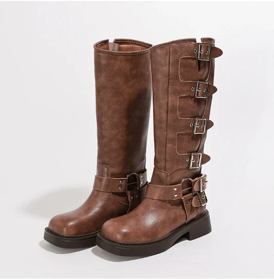 Shirley | Graceful Multi-Buckle Knee High Block Heel Boots