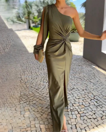Shirley | Refined One-Shoulder Twist-Waist Fall Wedding Guest Maxi Dress