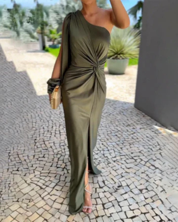 Shirley | Refined One-Shoulder Twist-Waist Fall Wedding Guest Maxi Dress