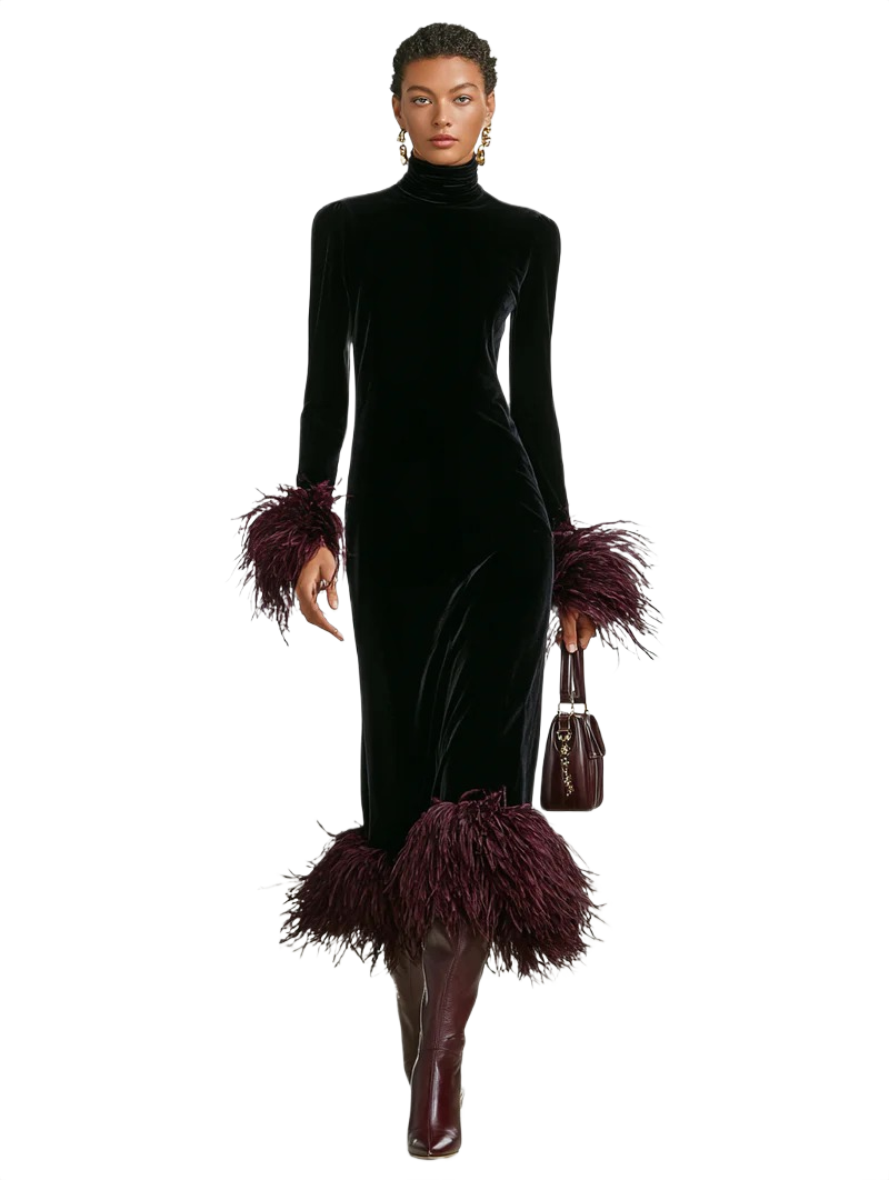 Sophia | Effortless Feather Trim Velvet Holiday Dress
