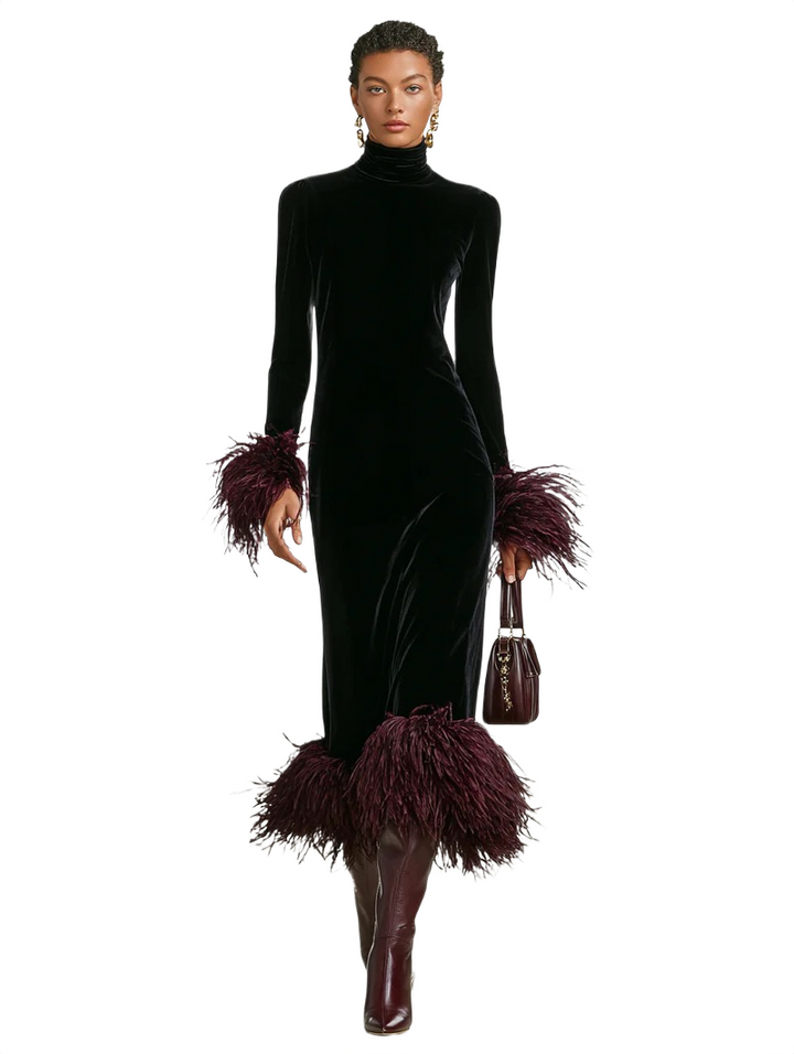 Sophia | Effortless Feather Trim Velvet Holiday Dress