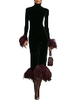 Sophia | Effortless Feather Trim Velvet Holiday Dress