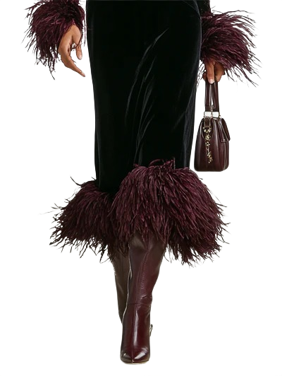 Sophia | Effortless Feather Trim Velvet Holiday Dress