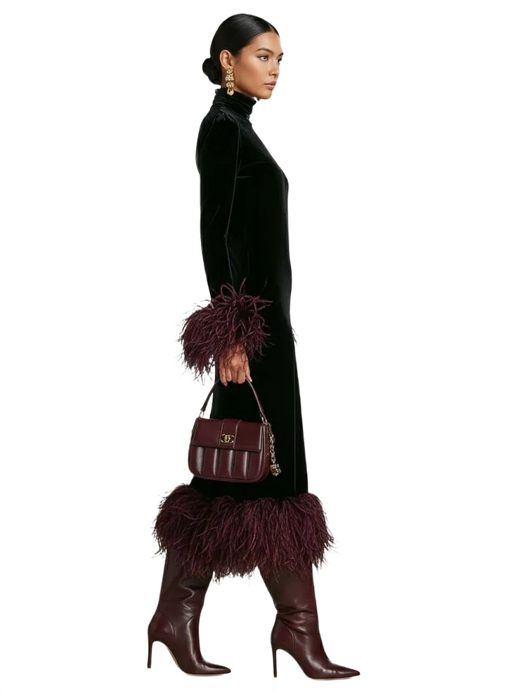 Sophia | Effortless Feather Trim Velvet Holiday Dress