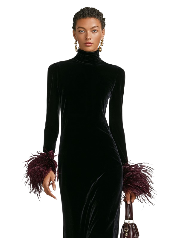 Sophia | Effortless Feather Trim Velvet Holiday Dress