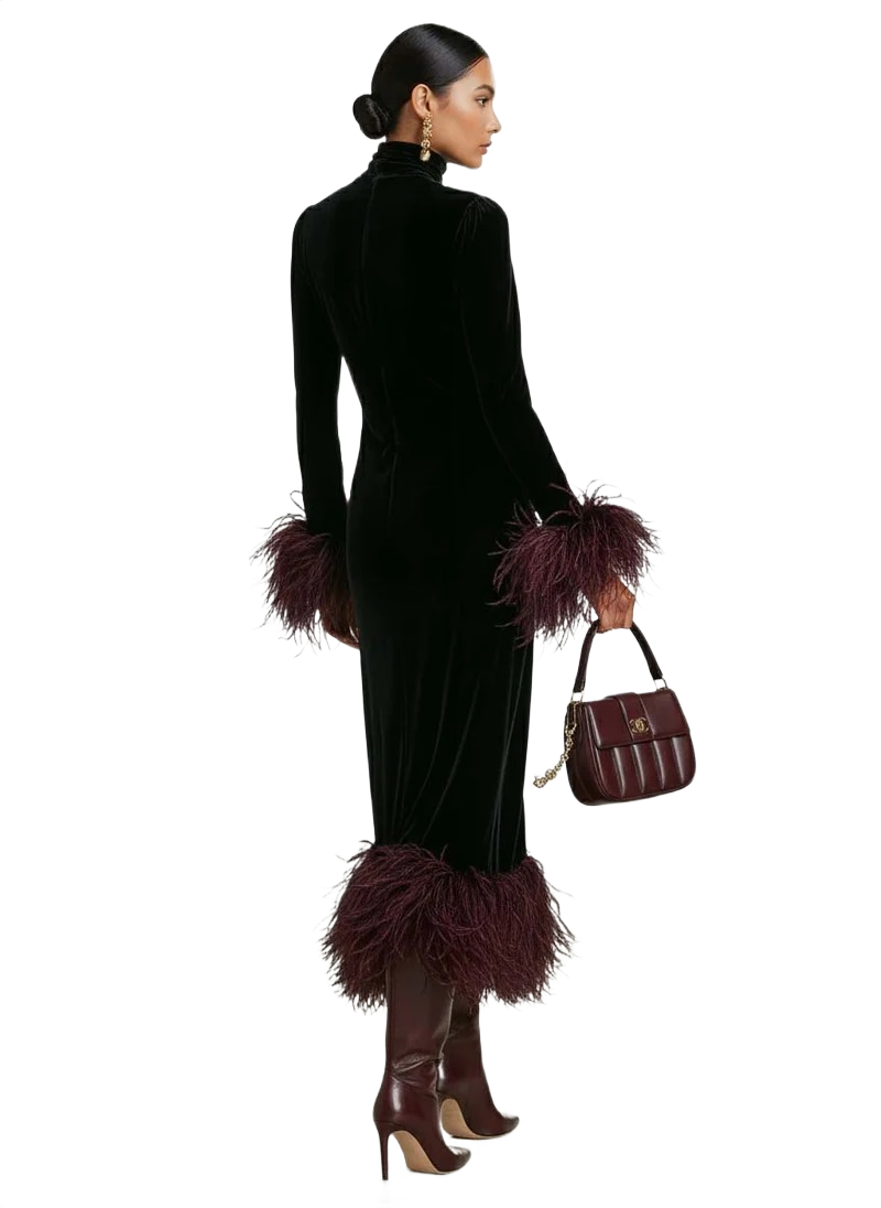 Sophia | Effortless Feather Trim Velvet Holiday Dress