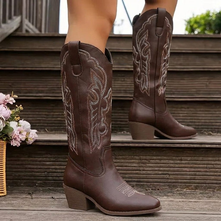 Sophia | Embroidered Knee High Block Heel Cowboy Boots