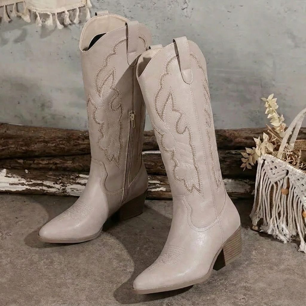 Sophia | Embroidered Knee High Block Heel Cowboy Boots