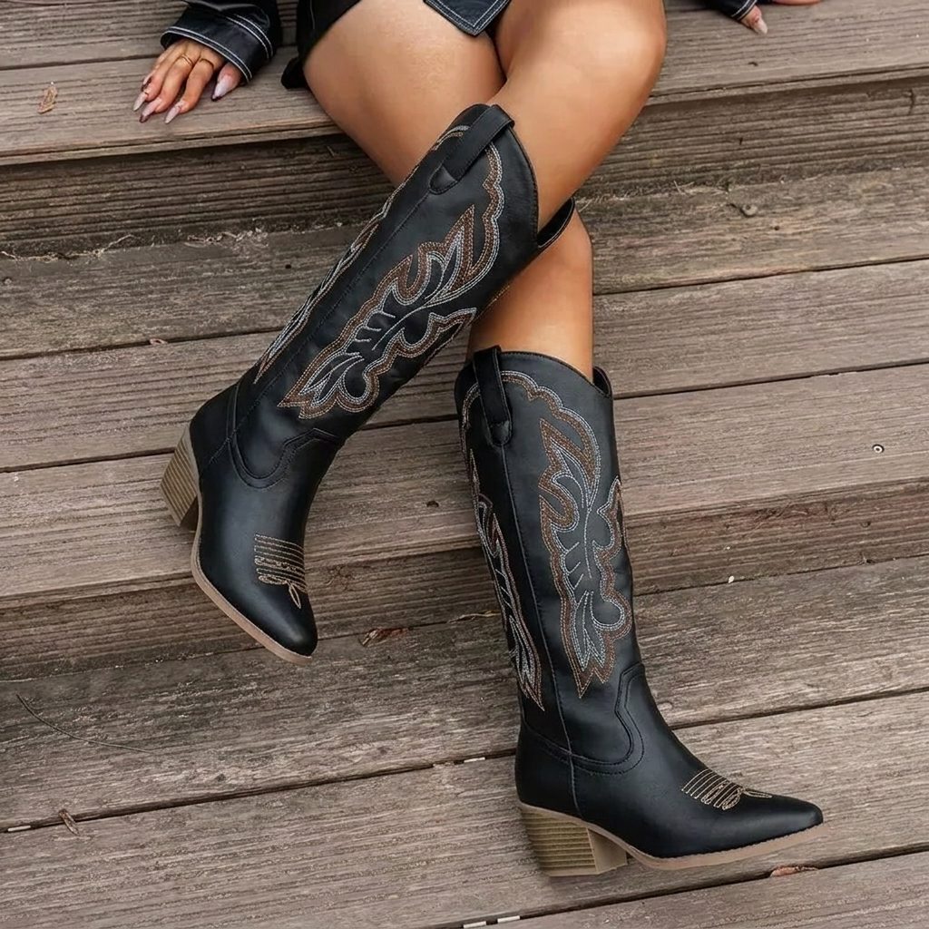 Sophia | Embroidered Knee High Block Heel Cowboy Boots