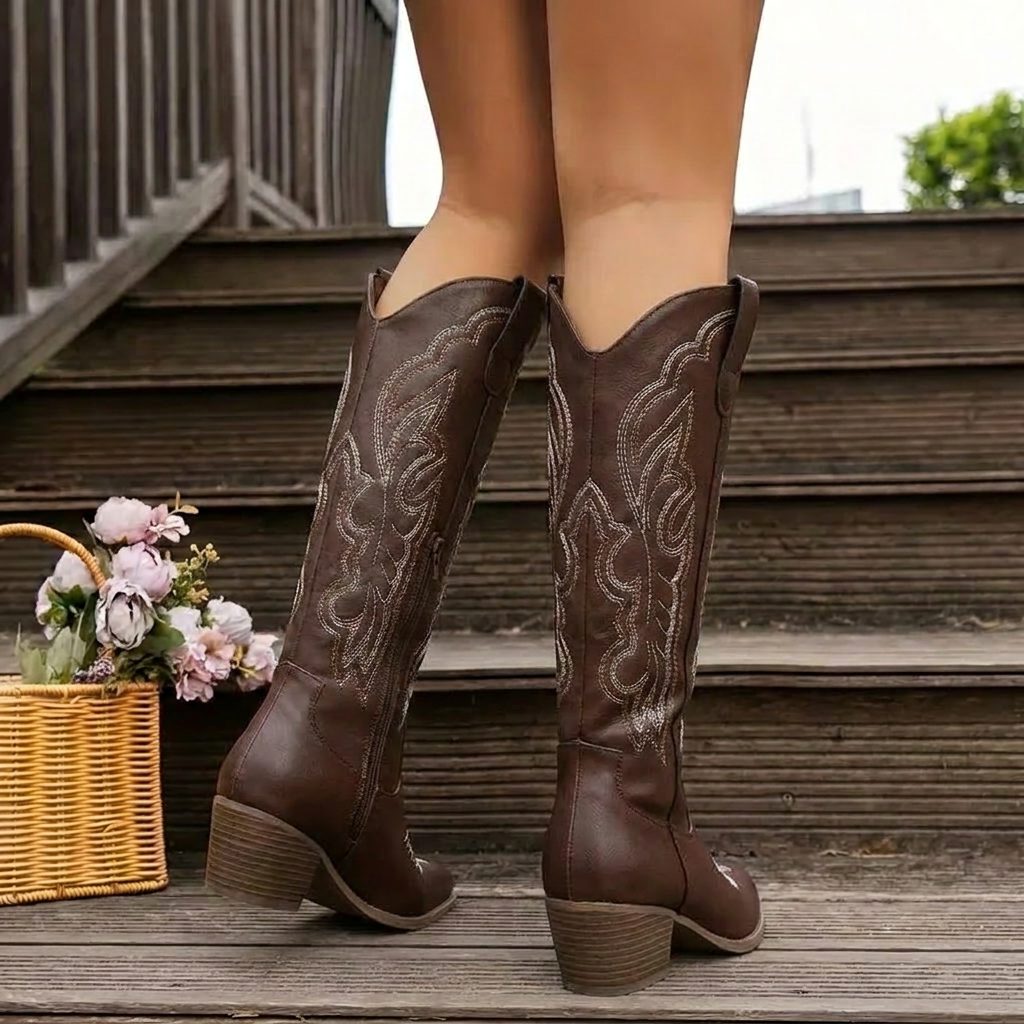 Sophia | Embroidered Knee High Block Heel Cowboy Boots