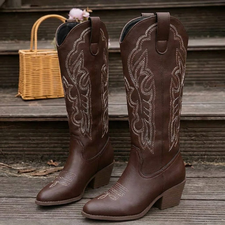 Sophia | Embroidered Knee High Block Heel Cowboy Boots