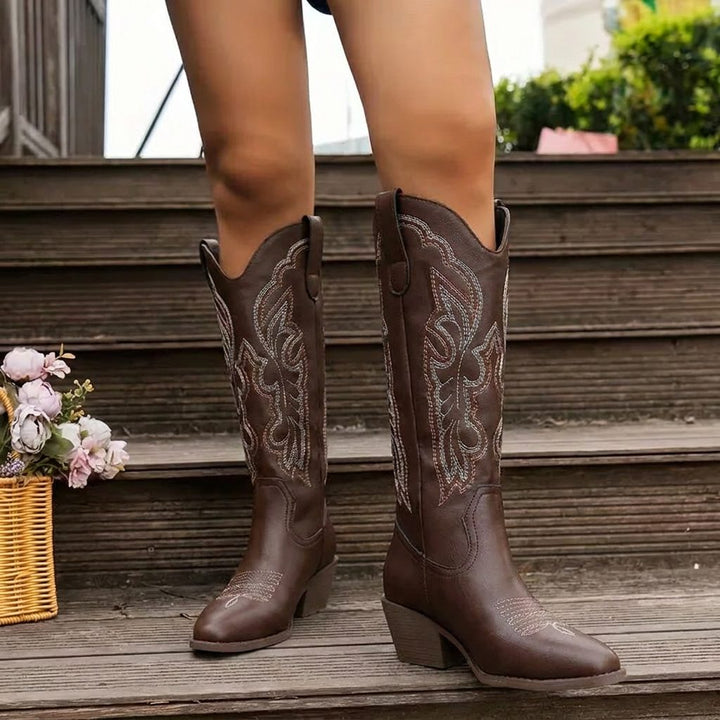 Sophia | Embroidered Knee High Block Heel Cowboy Boots