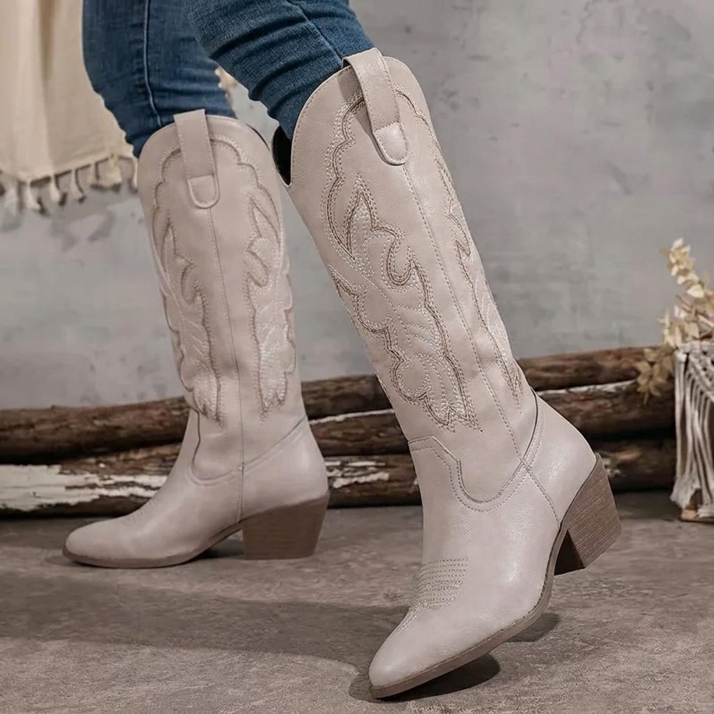Sophia | Embroidered Knee High Block Heel Cowboy Boots