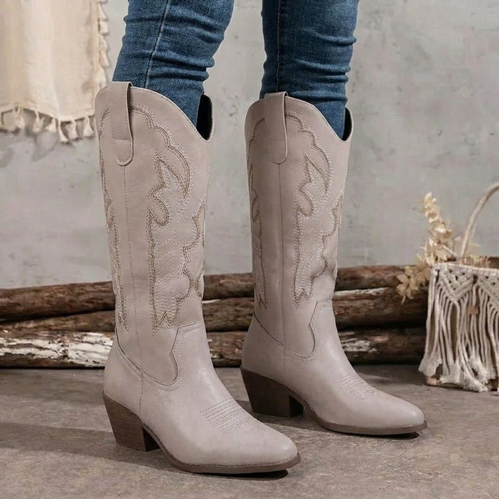Sophia | Embroidered Knee High Block Heel Cowboy Boots