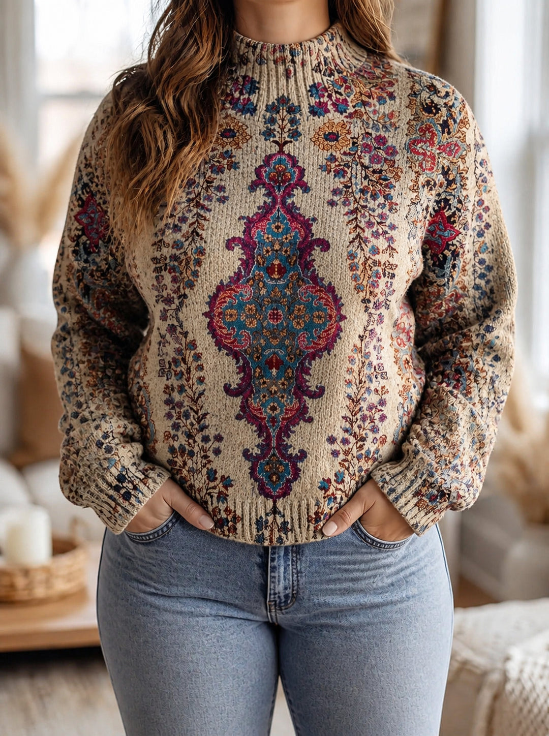 Sophia | Polished Medallion Print Turtleneck Knit Sweater
