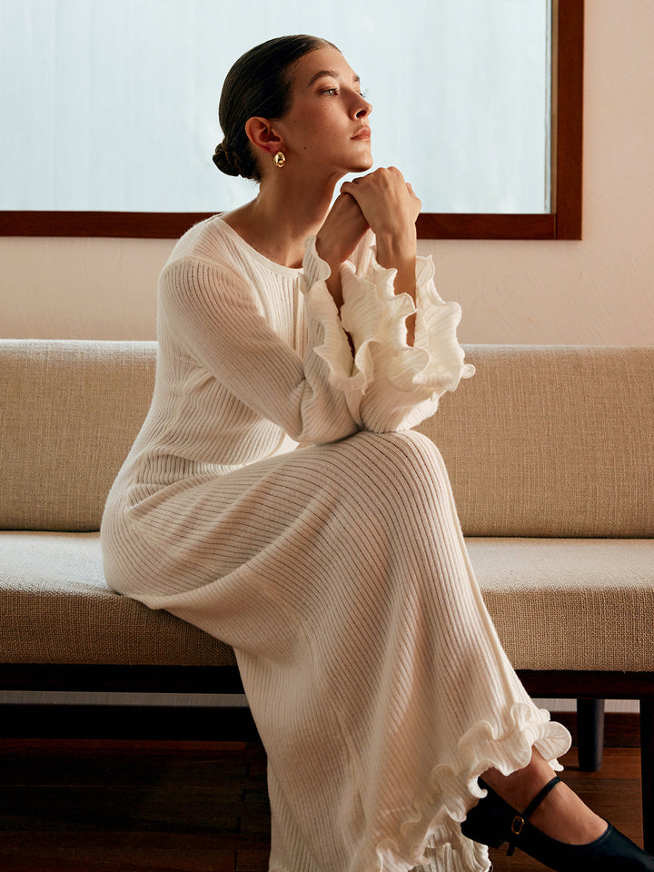 Sophia | Refined Ruffle-Trim Long Sleeve Maxi Sweater Dress