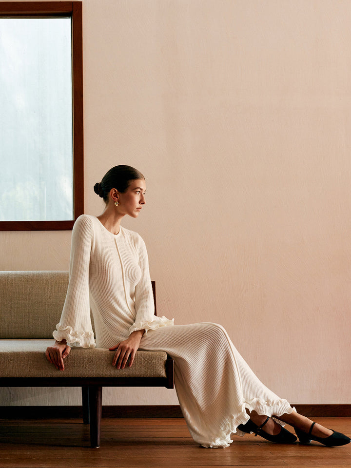 Sophia | Refined Ruffle-Trim Long Sleeve Maxi Sweater Dress