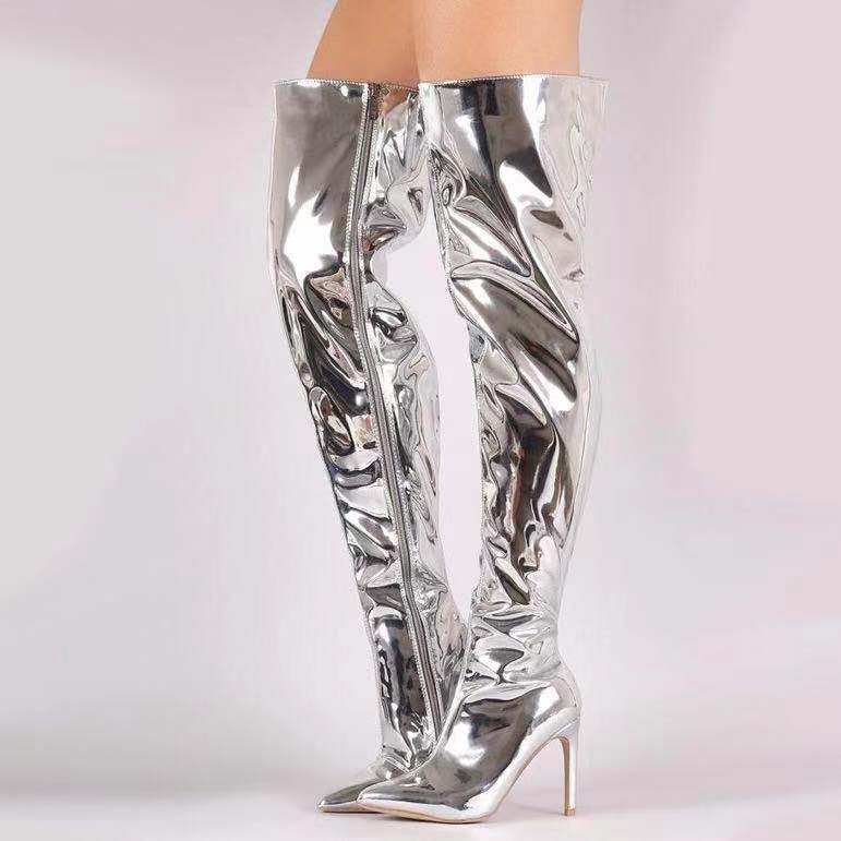 Sophia | Relaxed Metallic Thigh High Boots with Stiletto Heel